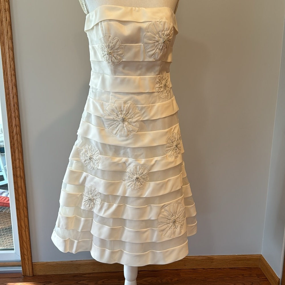 David's Bridal Ivory Strapless Tea-Length A-Line Dress with Floral Appliqués